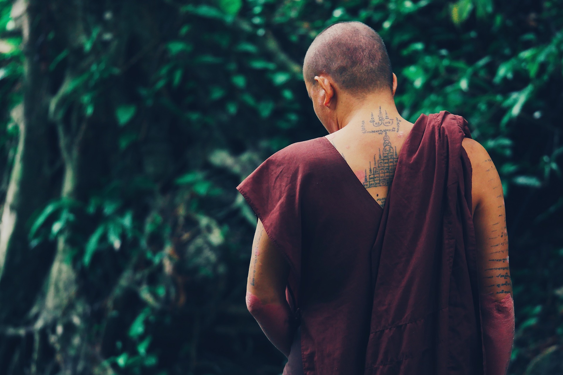 The back of a tattooed monk