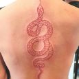En röd linjetatuering av en orm på ryggen
