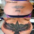 A cover up of a lower back tattoo
