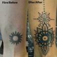 An old black sun baked tattoo made into a mandala and floral pattern
