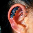 Two blue flowers tattooed inside the ear