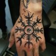 A norse symbol with an eye on the hand